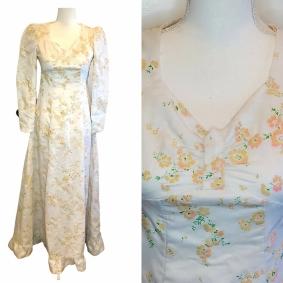 Vintage 70s Flocked Floral Maxi Prairie Dress‎ White Peach Flowers Sz 0 XXS